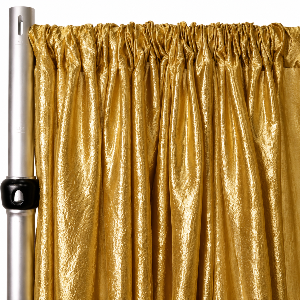 Gold crushed taffeta drape panel for luxury event and pipe and drape setup
