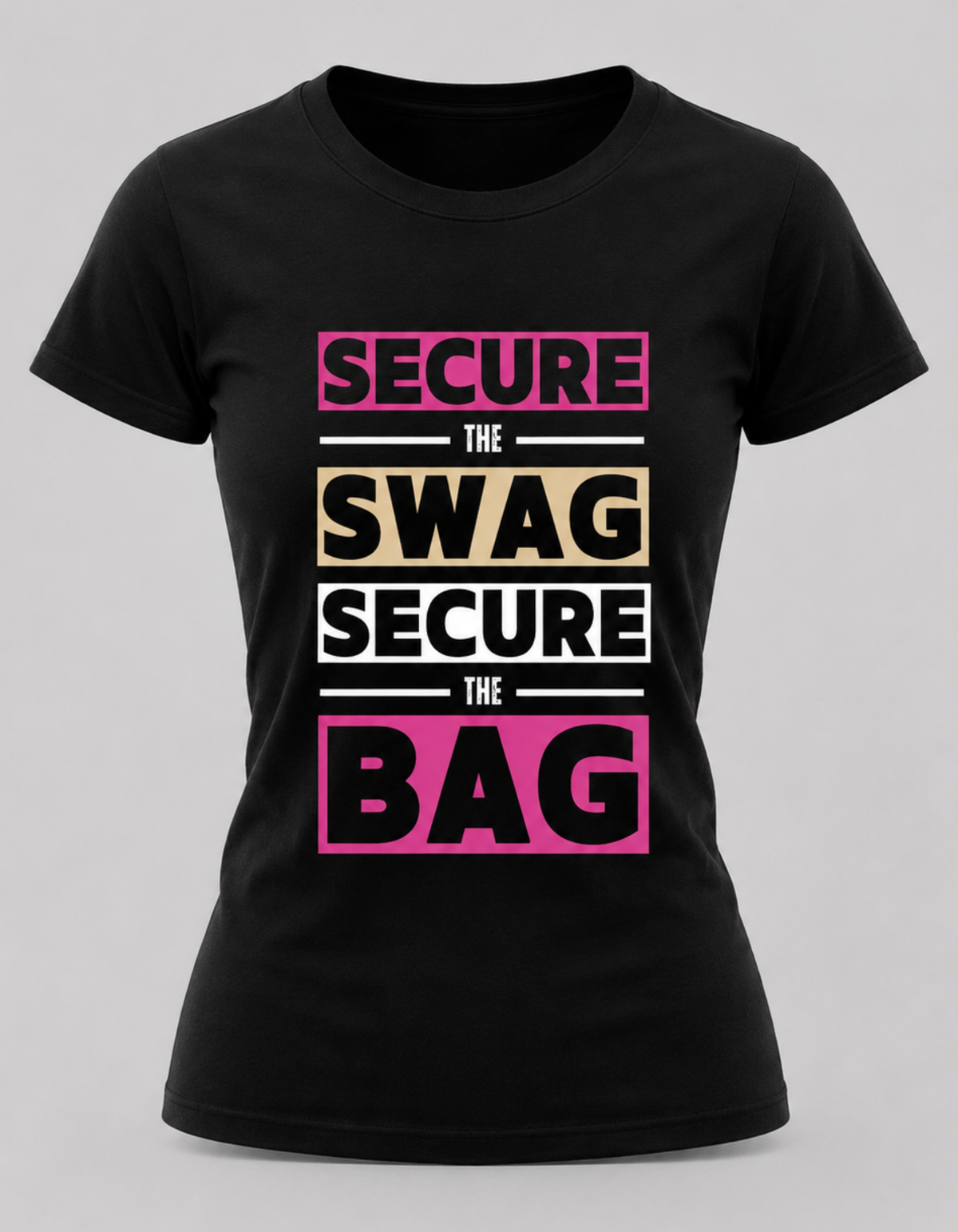 Posh Academy women's fitted tee – Secure the Swag design, black with hot pink and gold print