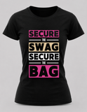 Posh Academy women's fitted tee – Secure the Swag design, black with hot pink and gold print